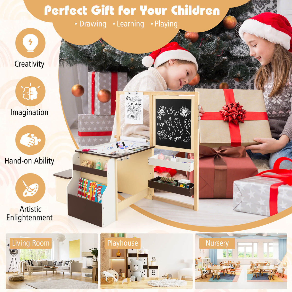 Kids Art Center Wooden Table Bench Set - Brown with Storage & Reversible Whiteboard