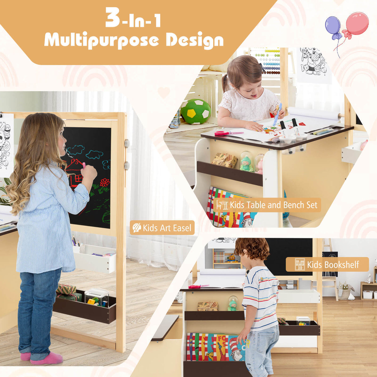Kids Art Center Wooden Table Bench Set - Brown with Storage & Reversible Whiteboard