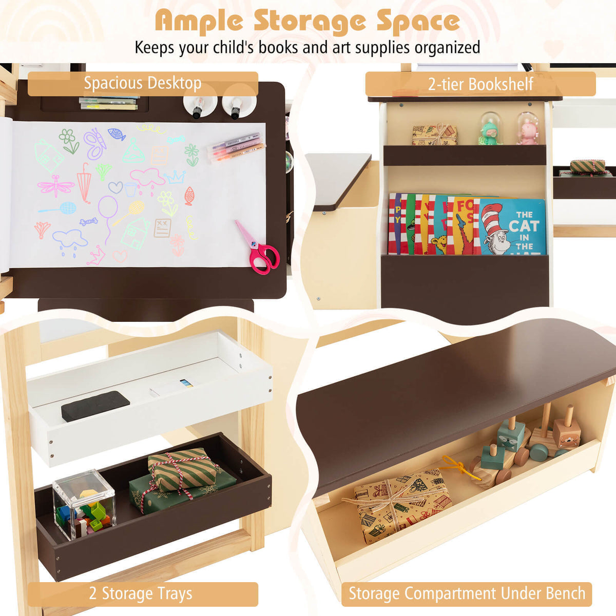Kids Art Center Wooden Table Bench Set - Brown with Storage & Reversible Whiteboard