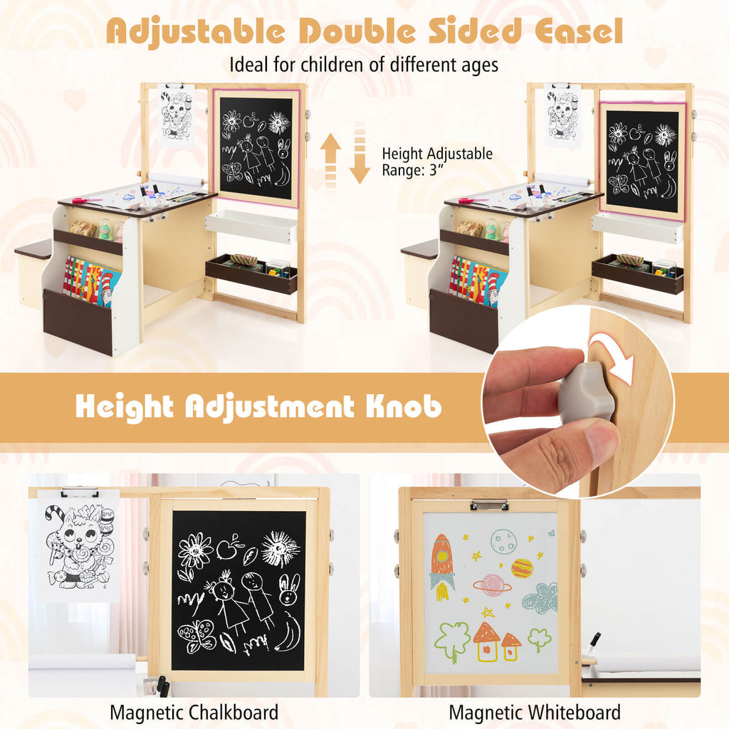 Kids Art Center Wooden Table Bench Set - Brown with Storage & Reversible Whiteboard