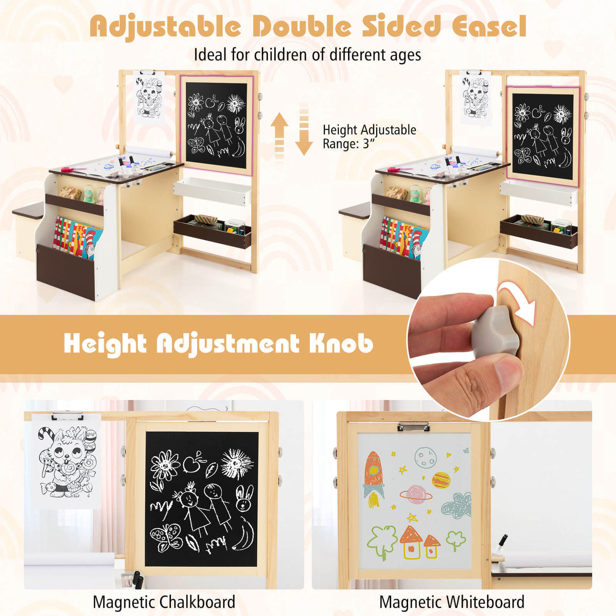 Kids Art Center Wooden Table Bench Set - Brown with Storage & Reversible Whiteboard