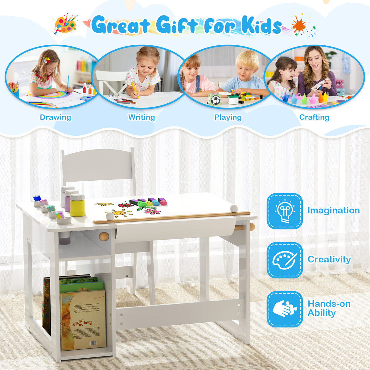 Kids Art Table and Chair Set - White Toddler Craft Drawing Desk with Storage