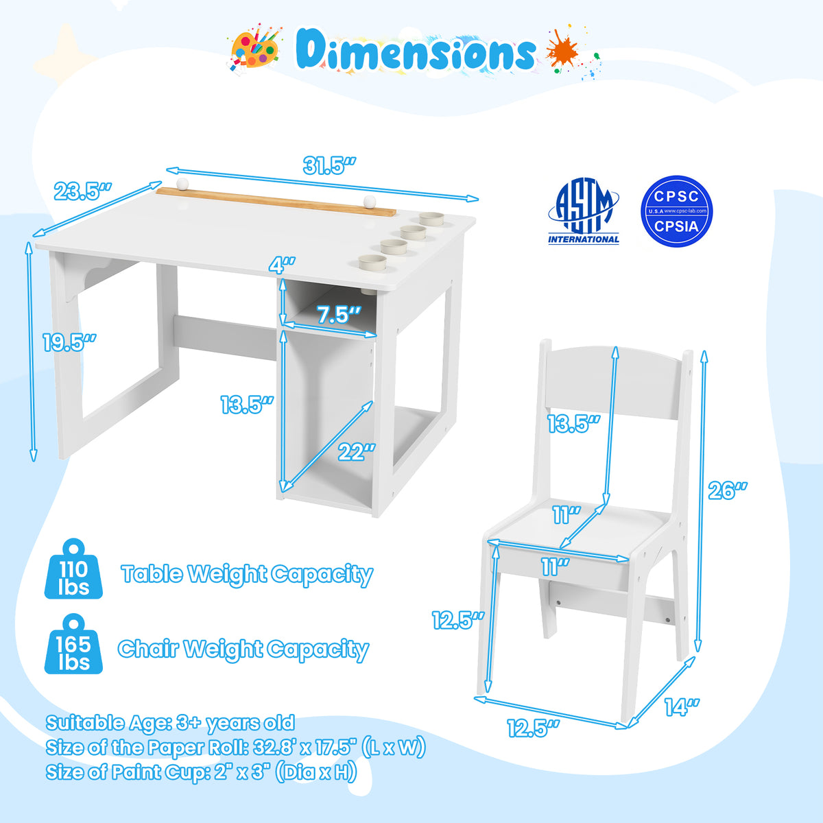 Kids Art Table and Chair Set - White Toddler Craft Drawing Desk with Storage