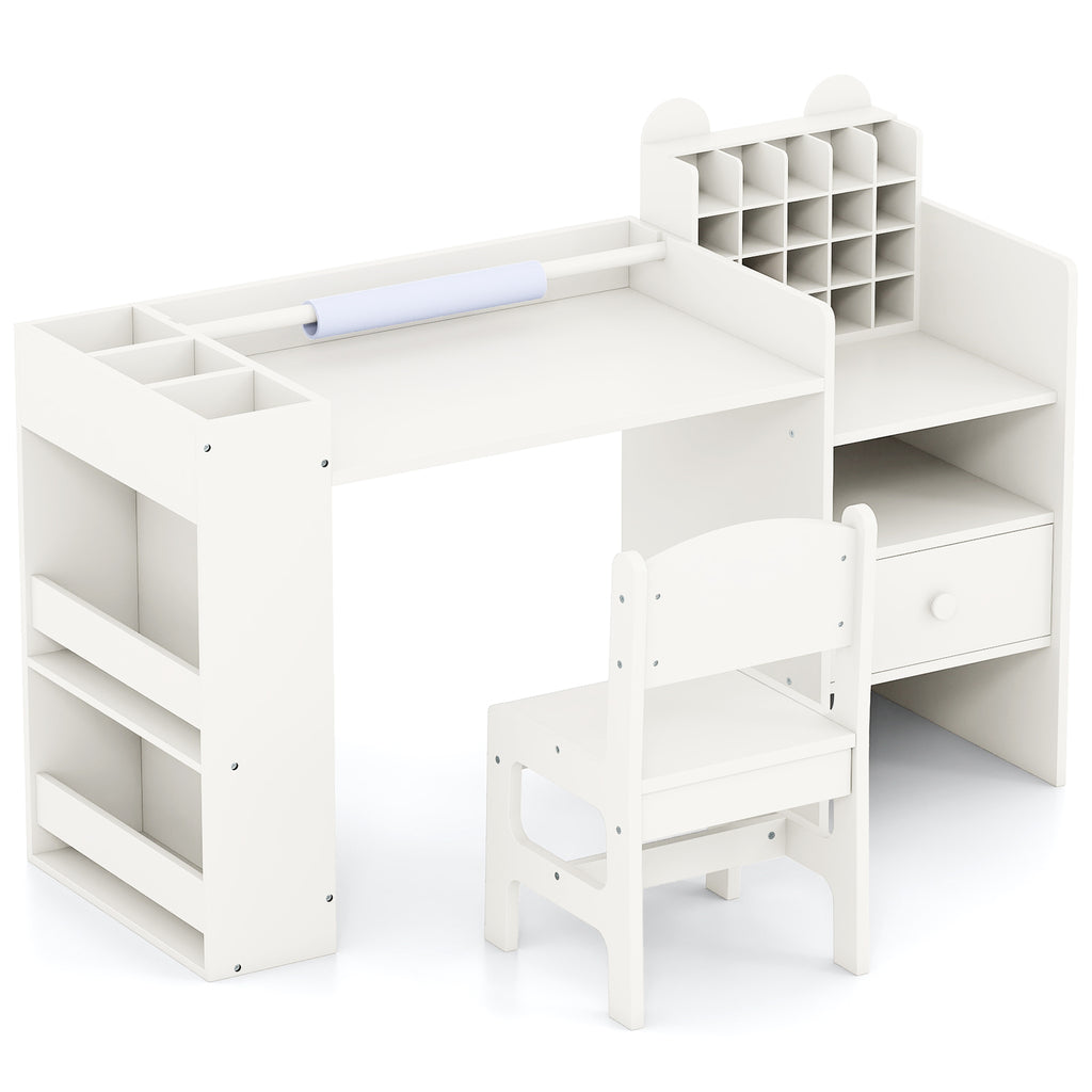 Kids Art Table and Chair Set with Detachable Paper Roll - White, Multifunctional
