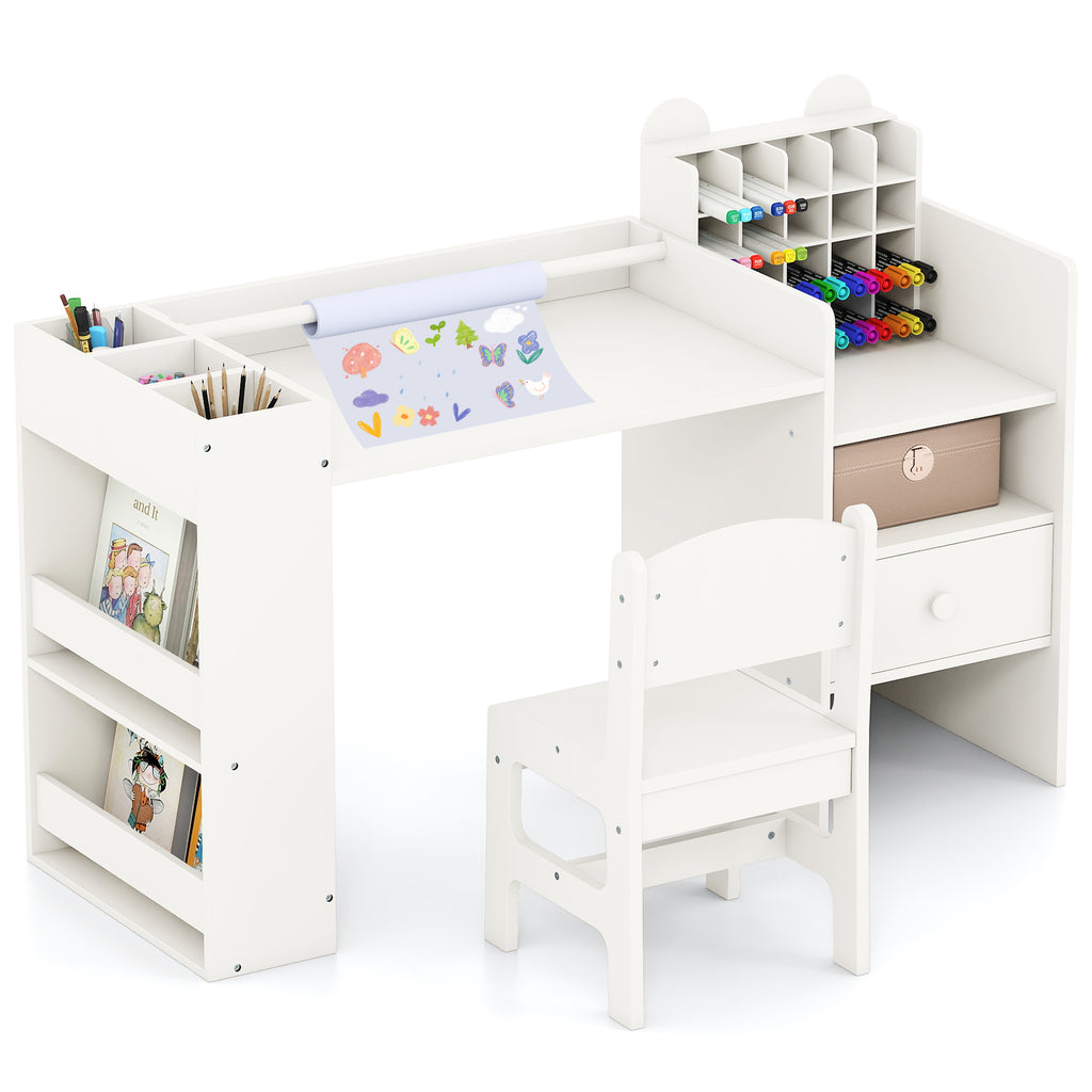 Kids Art Table and Chair Set with Detachable Paper Roll - White, Multifunctional