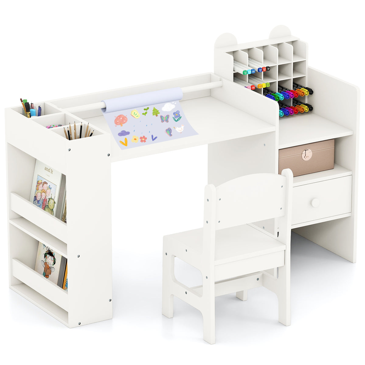 Kids Art Table and Chair Set with Detachable Paper Roll - White, Multifunctional