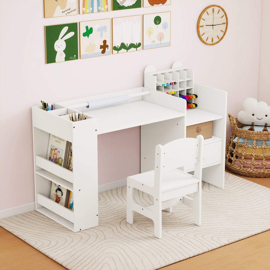 Kids Art Table and Chair Set with Detachable Paper Roll - White, Multifunctional