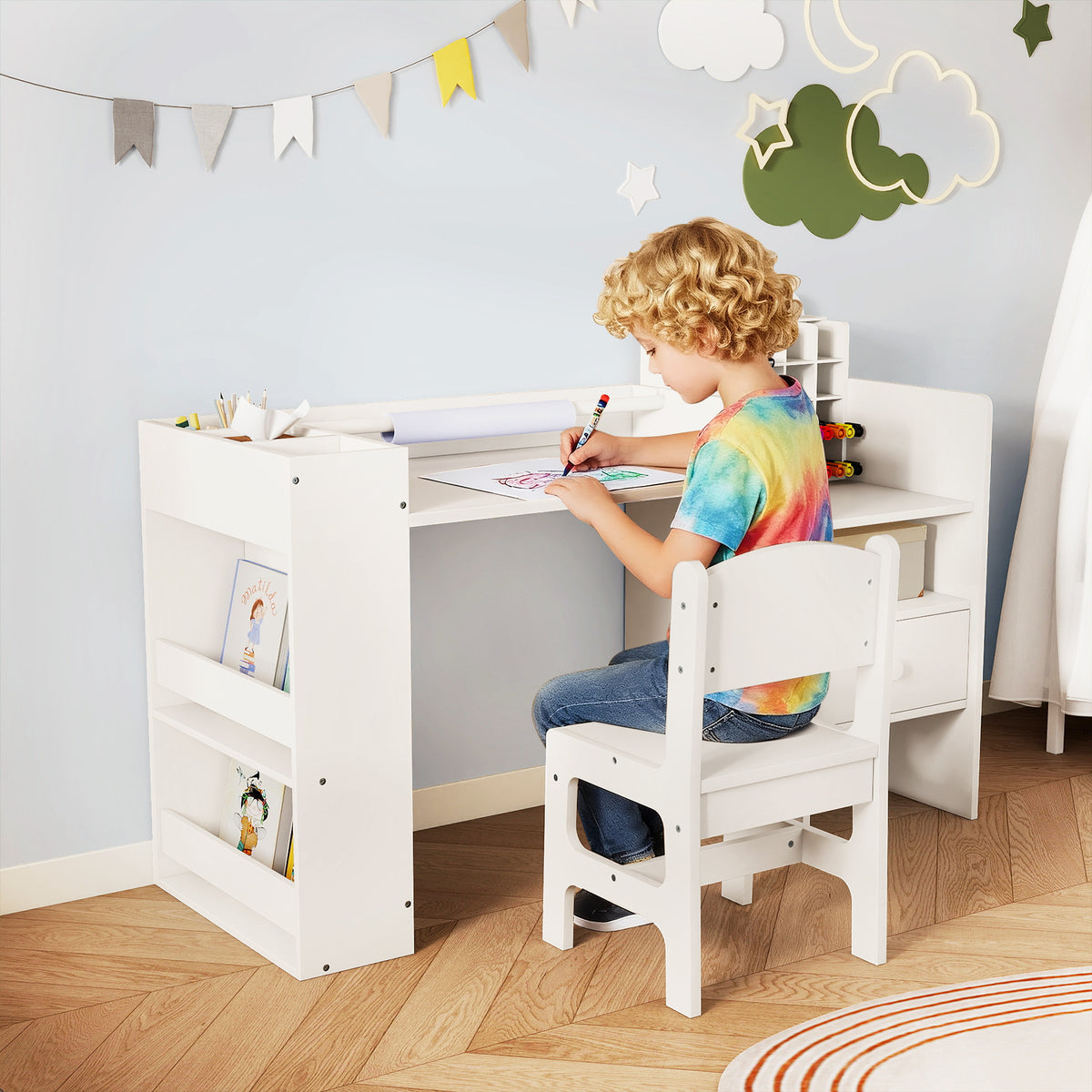 Kids Art Table and Chair Set with Detachable Paper Roll - White, Multifunctional