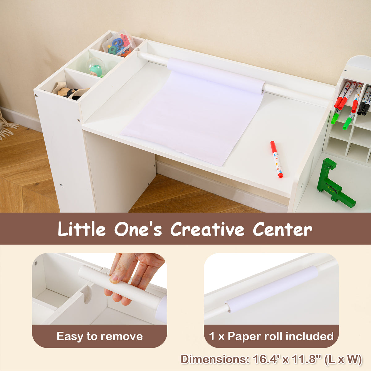 Kids Art Table and Chair Set with Detachable Paper Roll - White, Multifunctional