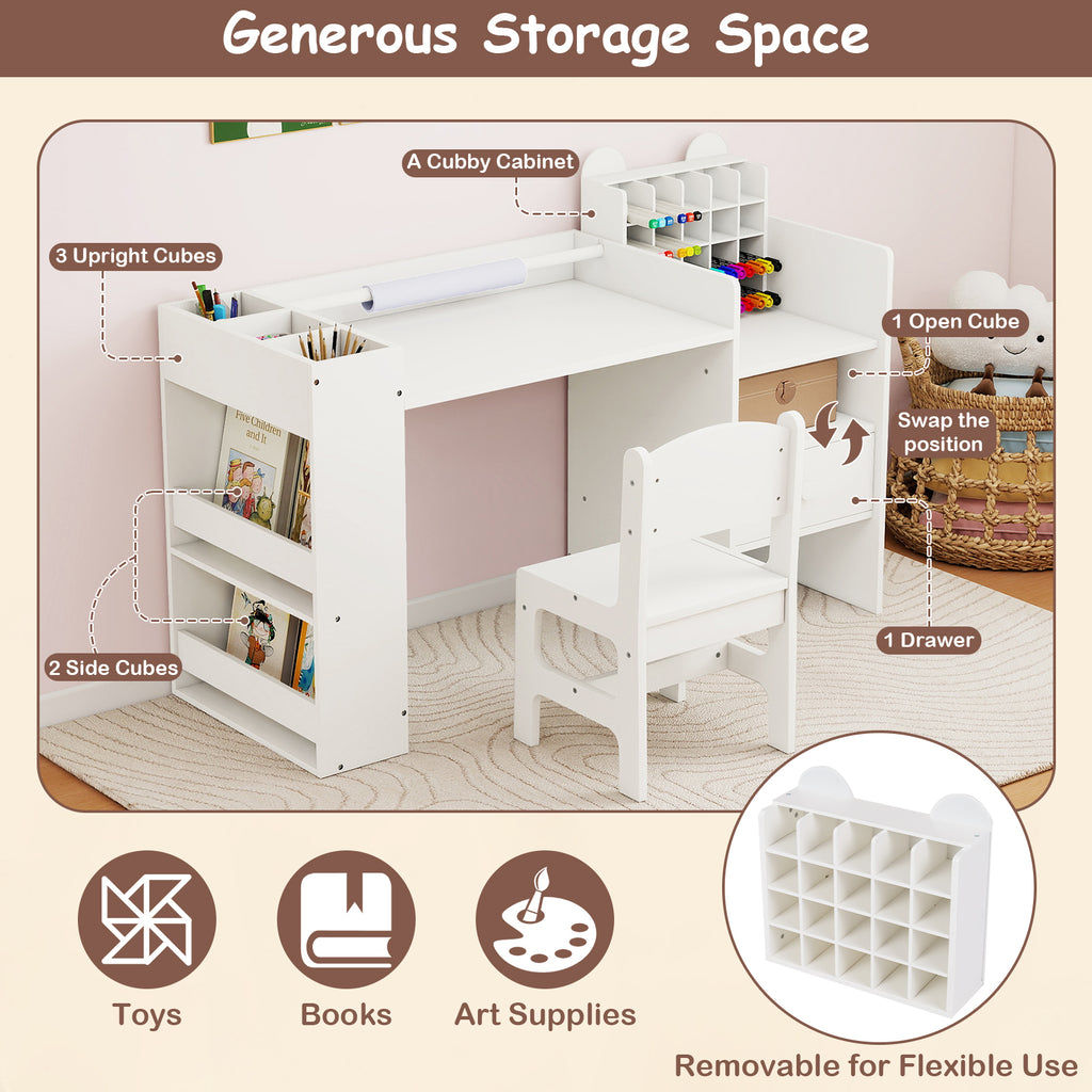 Kids Art Table and Chair Set with Detachable Paper Roll - White, Multifunctional
