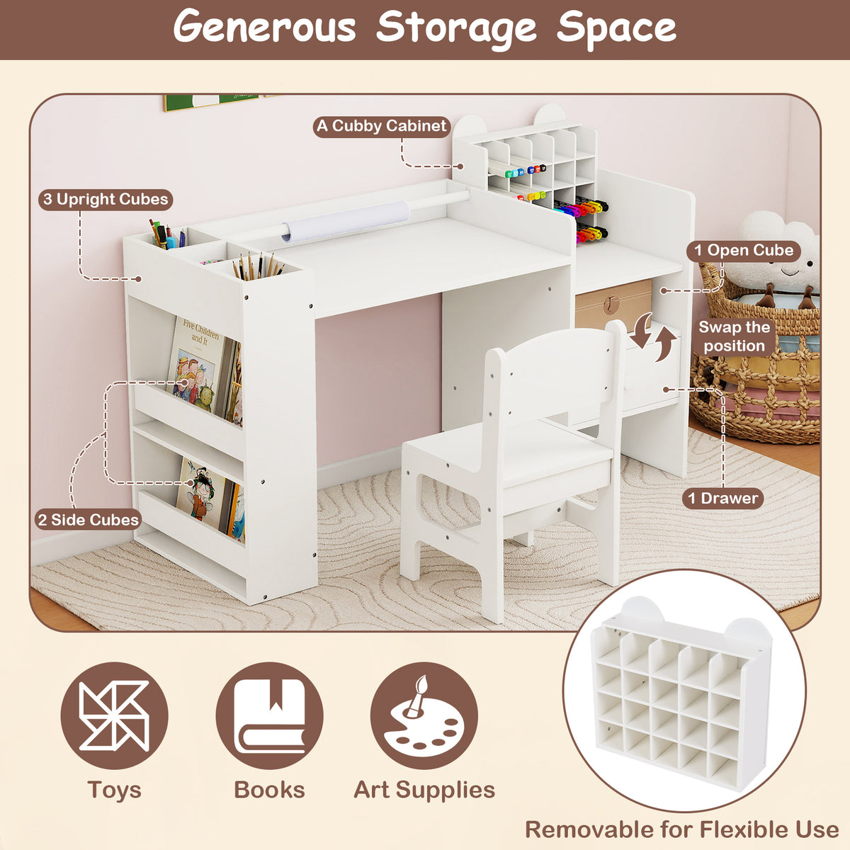Kids Art Table and Chair Set with Detachable Paper Roll - White, Multifunctional