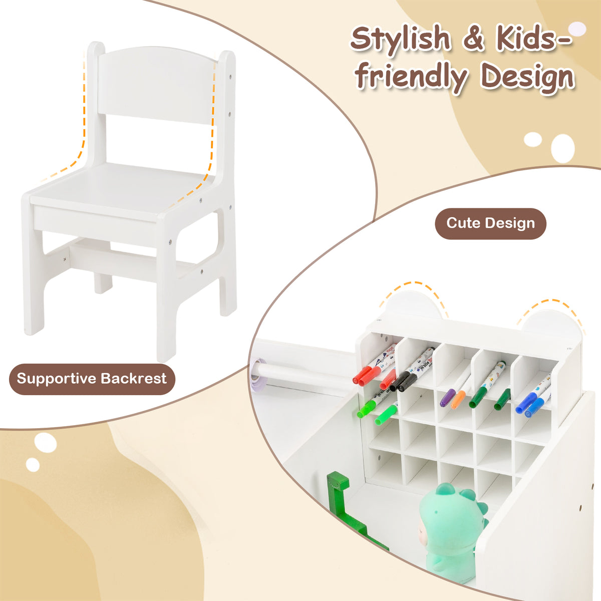 Kids Art Table and Chair Set with Detachable Paper Roll - White, Multifunctional