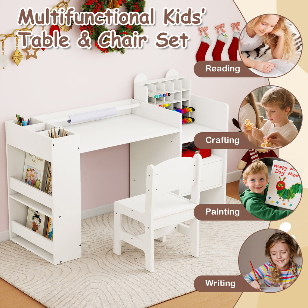Kids Art Table and Chair Set with Detachable Paper Roll - White, Multifunctional