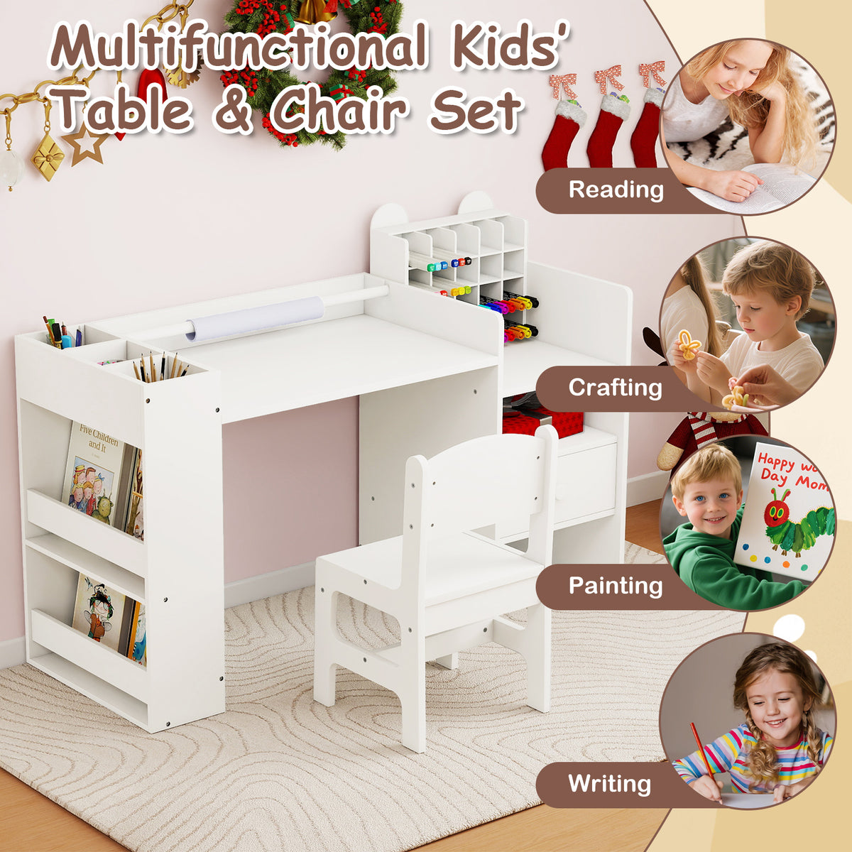 Kids Art Table and Chair Set with Detachable Paper Roll - White, Multifunctional