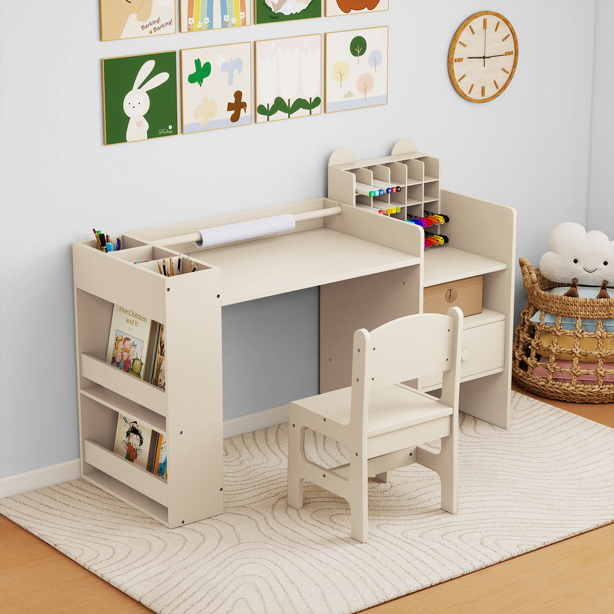 Kids Art Table and Chair Set with Detachable Paper Roll - White, Multifunctional