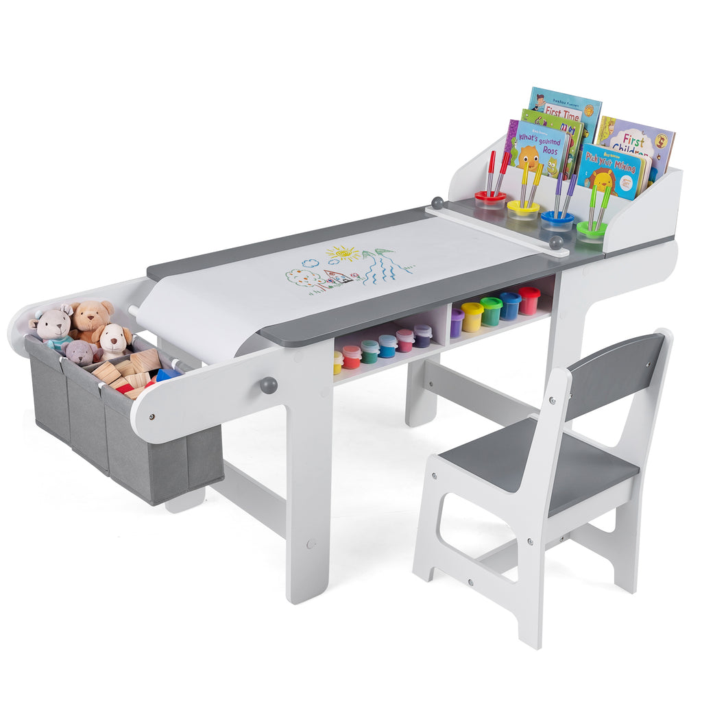Kids Art Table and Chair Set with Paper Roll and Fabric Bins - Gray