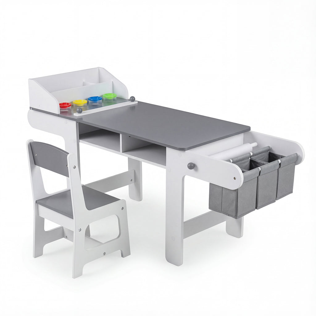 Kids Art Table and Chair Set with Paper Roll and Fabric Bins - Gray