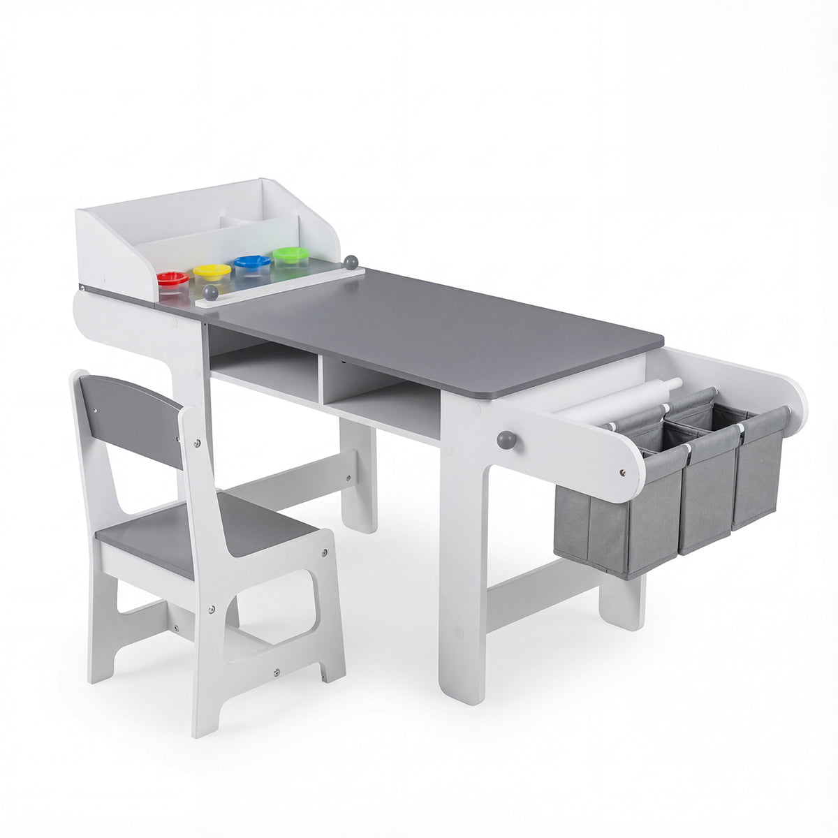 Kids Art Table and Chair Set with Paper Roll and Fabric Bins - Gray