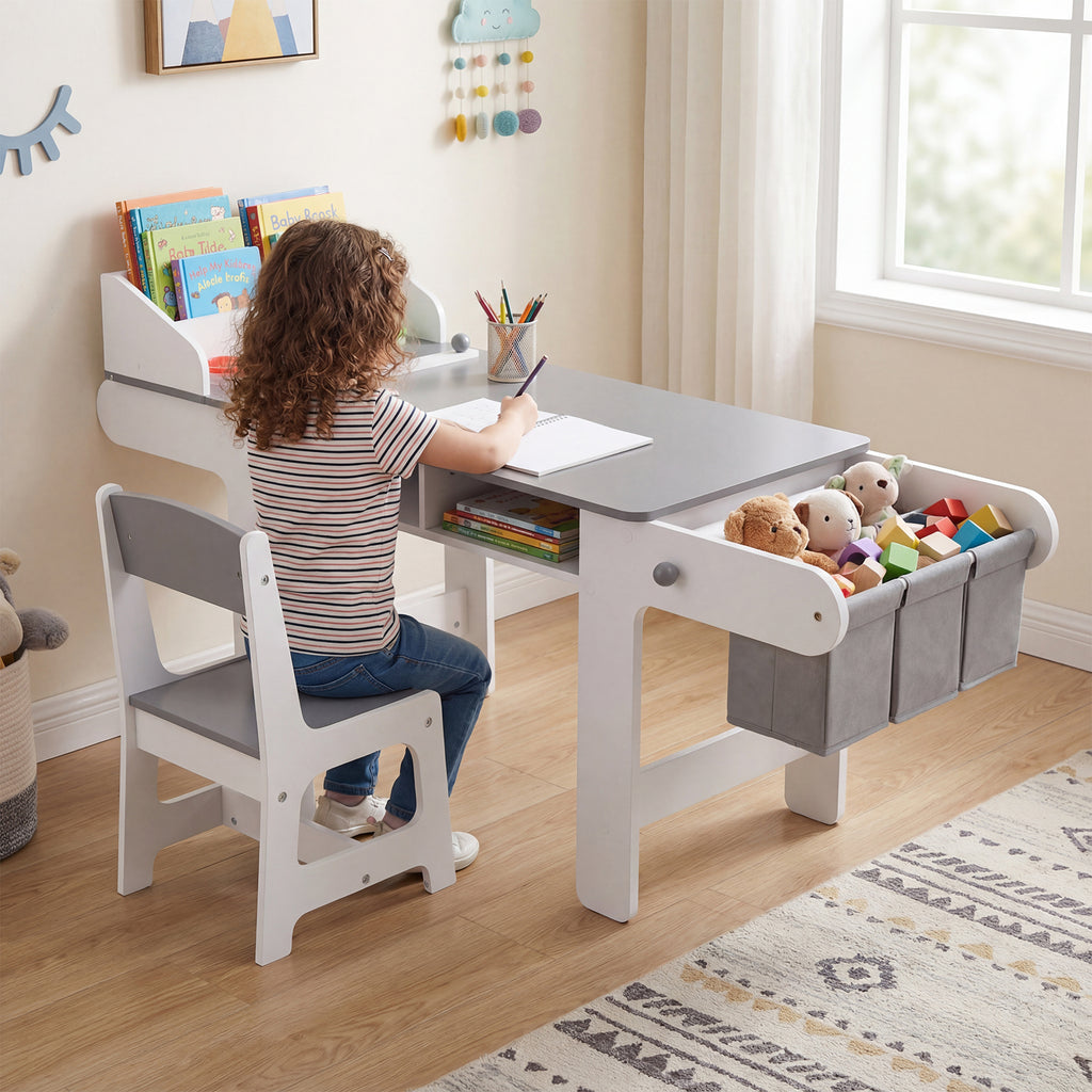 Kids Art Table and Chair Set with Paper Roll and Fabric Bins - Gray