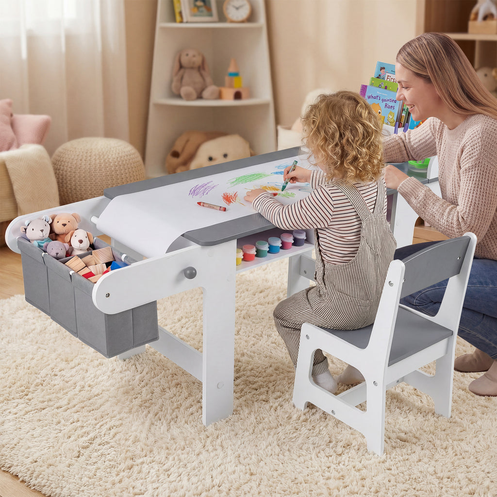 Kids Art Table and Chair Set with Paper Roll and Fabric Bins - Gray