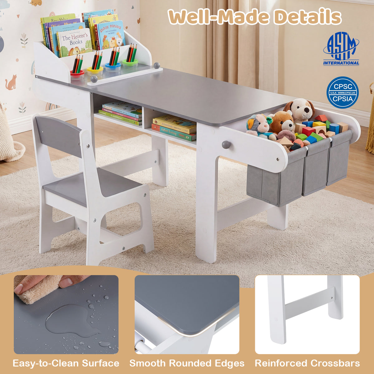 Kids Art Table and Chair Set with Paper Roll and Fabric Bins - Gray