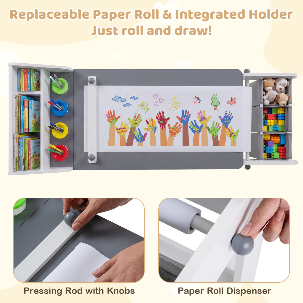 Kids Art Table and Chair Set with Paper Roll and Fabric Bins - Gray