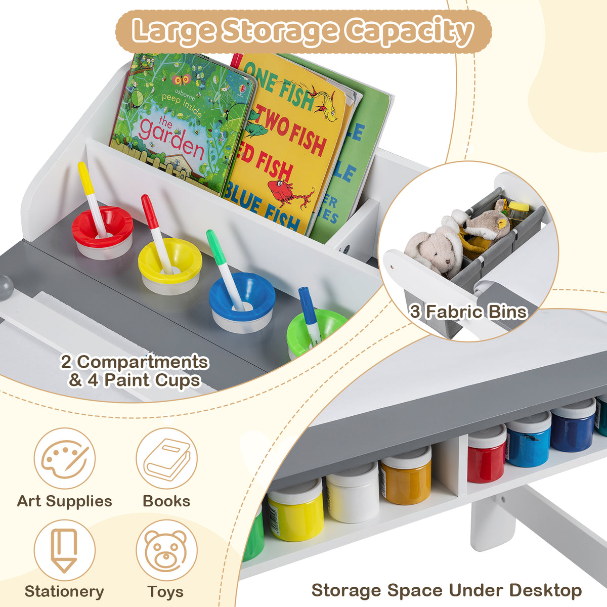 Kids Art Table and Chair Set with Paper Roll and Fabric Bins - Gray