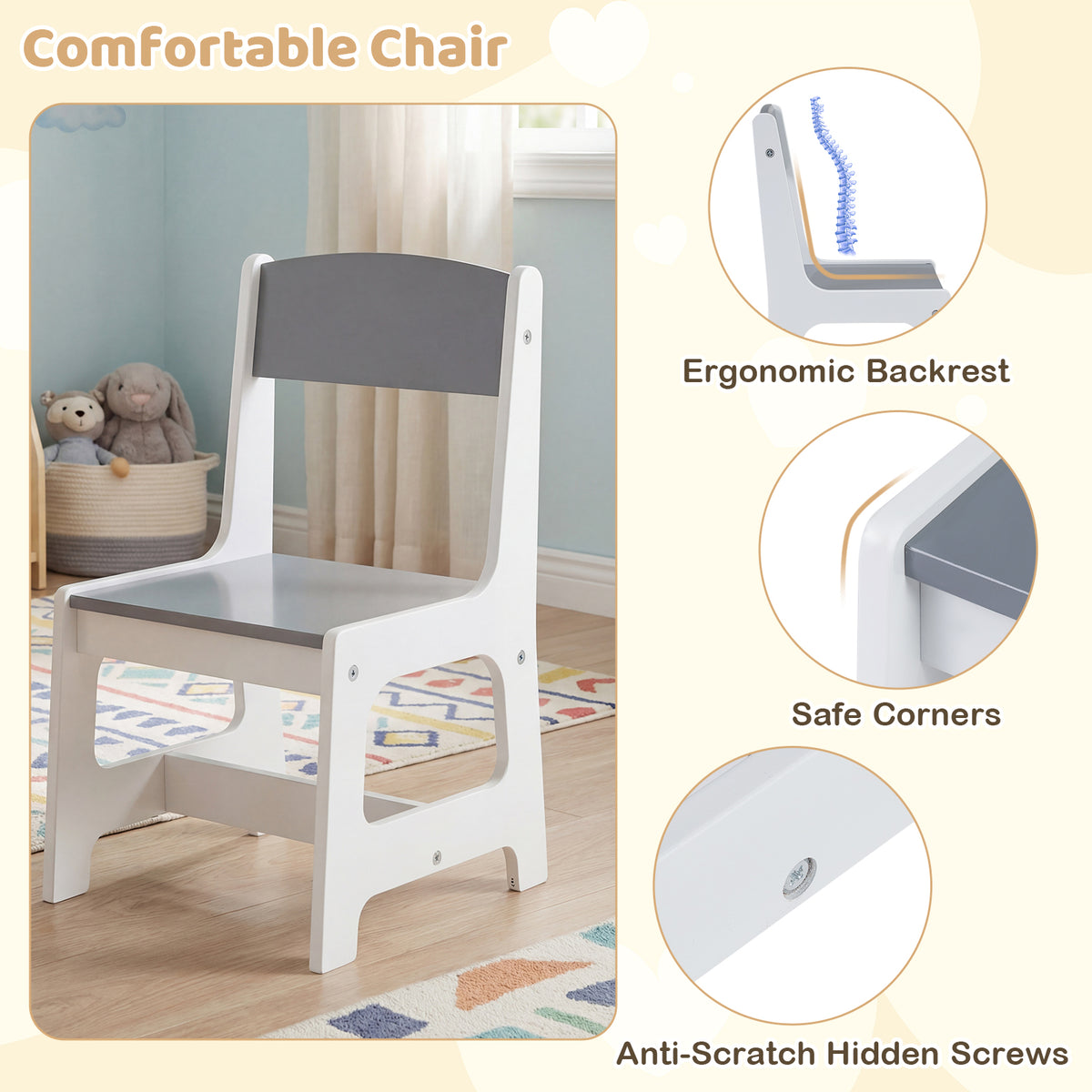 Kids Art Table and Chair Set with Paper Roll and Fabric Bins - Gray
