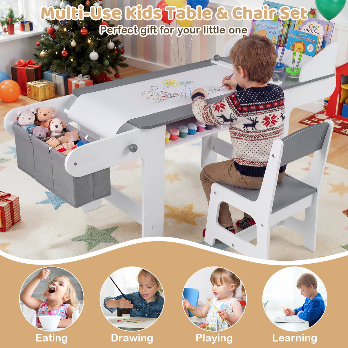 Kids Art Table and Chair Set with Paper Roll and Fabric Bins - Gray