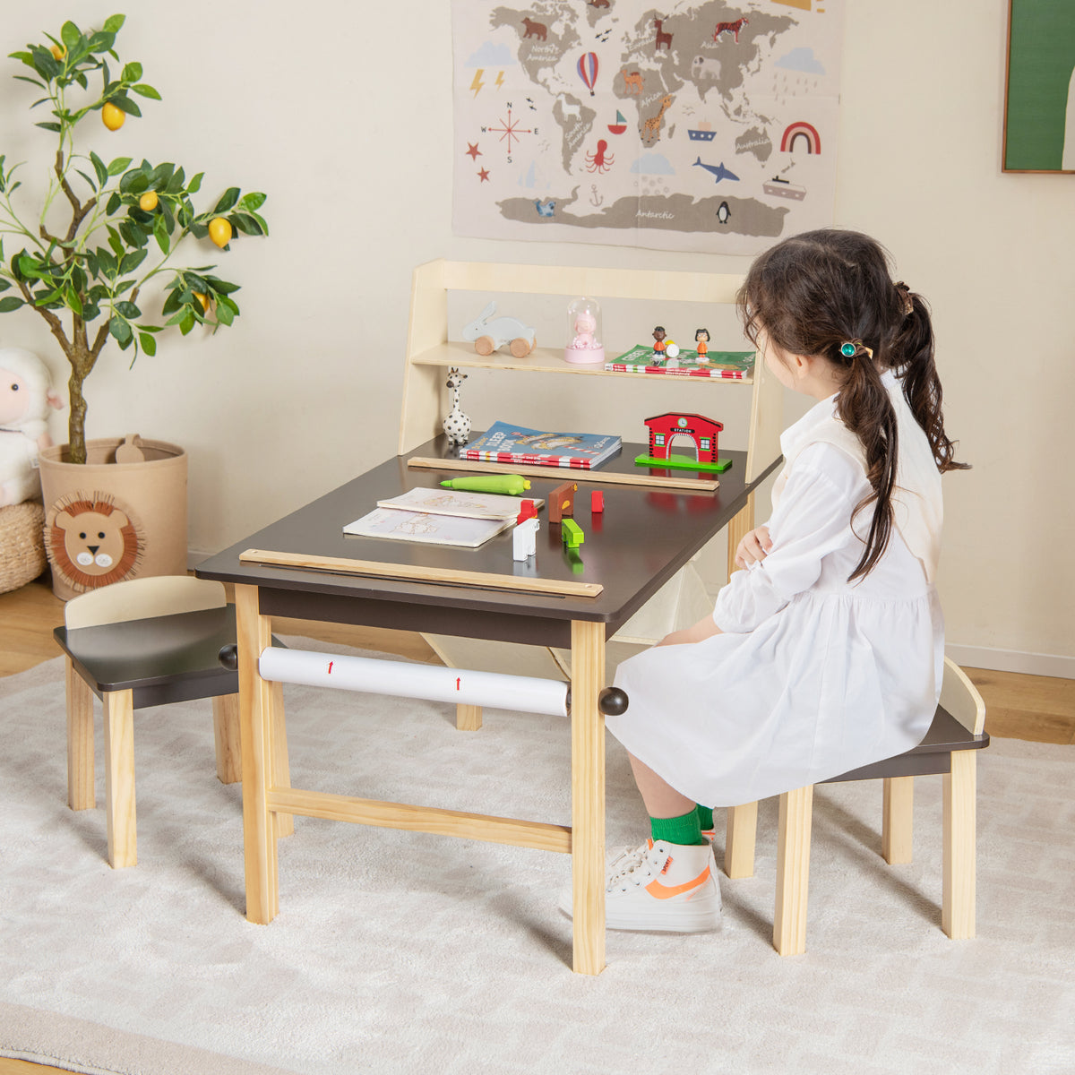 Kids Art Table and Chairs Set with Paper Roll and Storage Bins - Coffee Variation