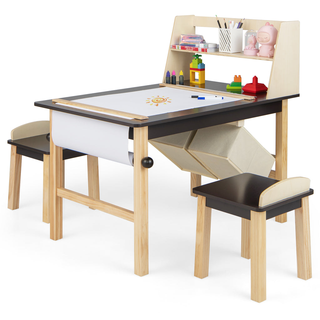 Kids Art Table and Chairs Set with Paper Roll and Storage Bins - Coffee Variation