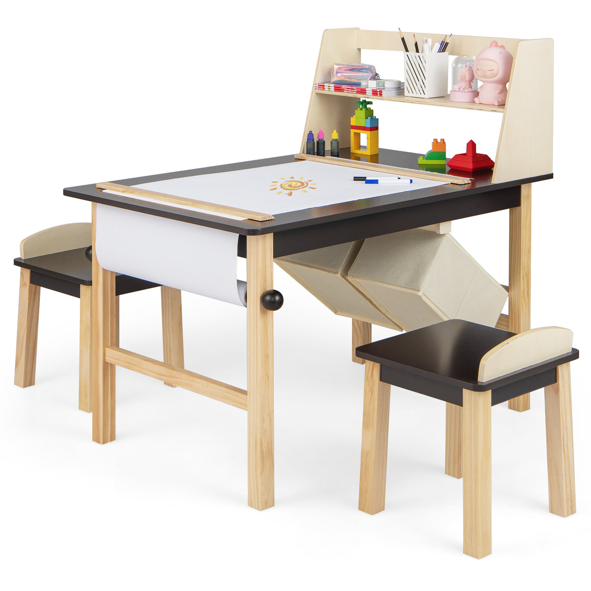 Kids Art Table and Chairs Set with Paper Roll and Storage Bins - Coffee Variation