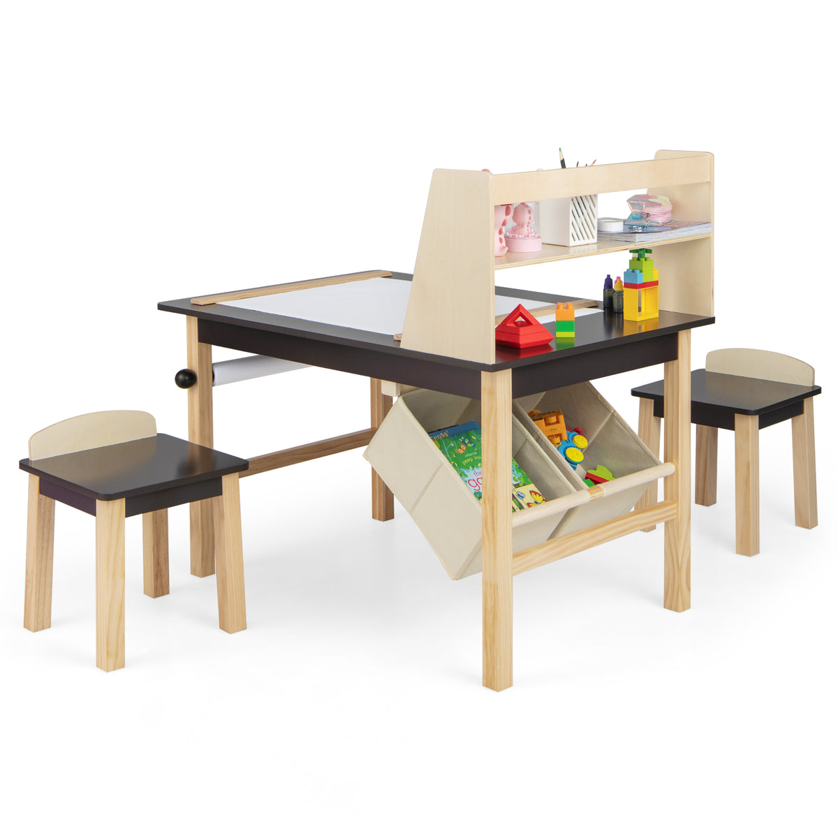 Kids Art Table and Chairs Set with Paper Roll and Storage Bins - Coffee Variation