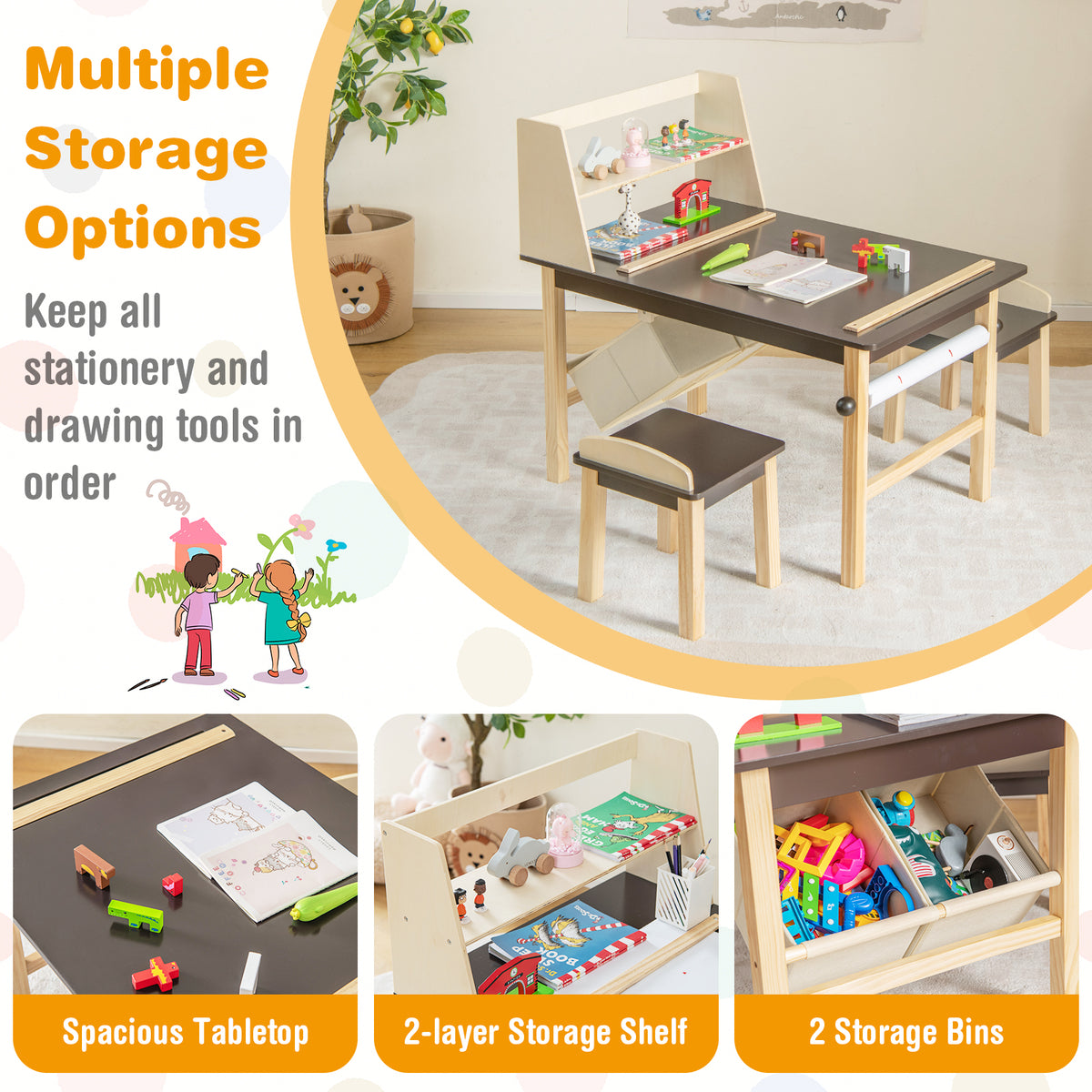 Kids Art Table and Chairs Set with Paper Roll and Storage Bins - Coffee Variation