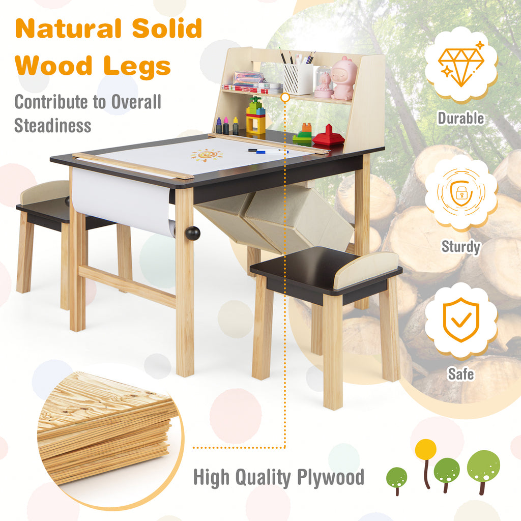 Kids Art Table and Chairs Set with Paper Roll and Storage Bins - Coffee Variation