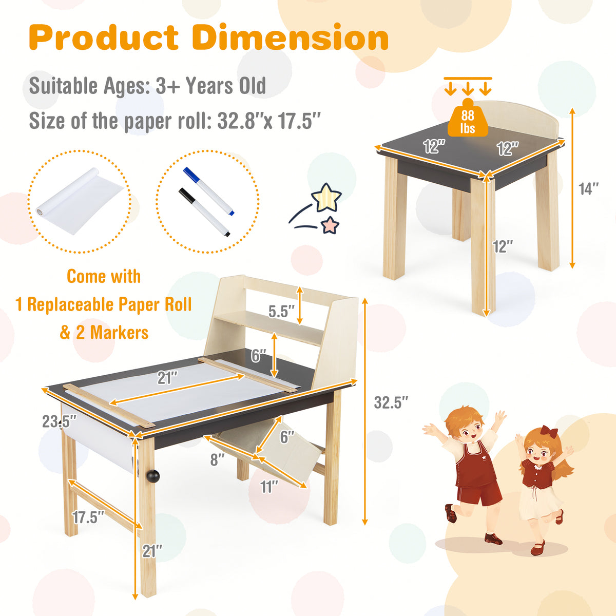 Kids Art Table and Chairs Set with Paper Roll and Storage Bins - Coffee Variation