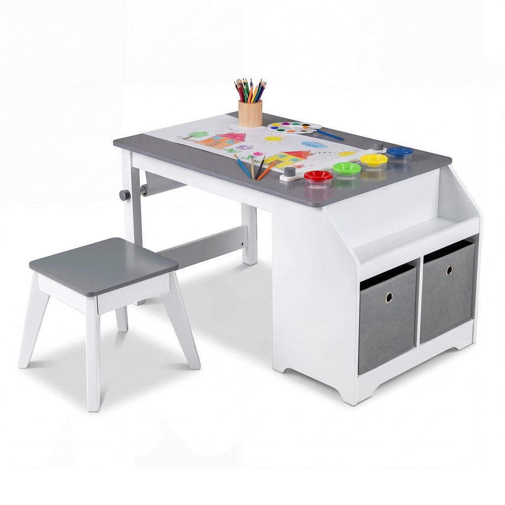 Kids Art Table and Stool Set with Paper Roll and 4 Paint Cups - Gray Variation