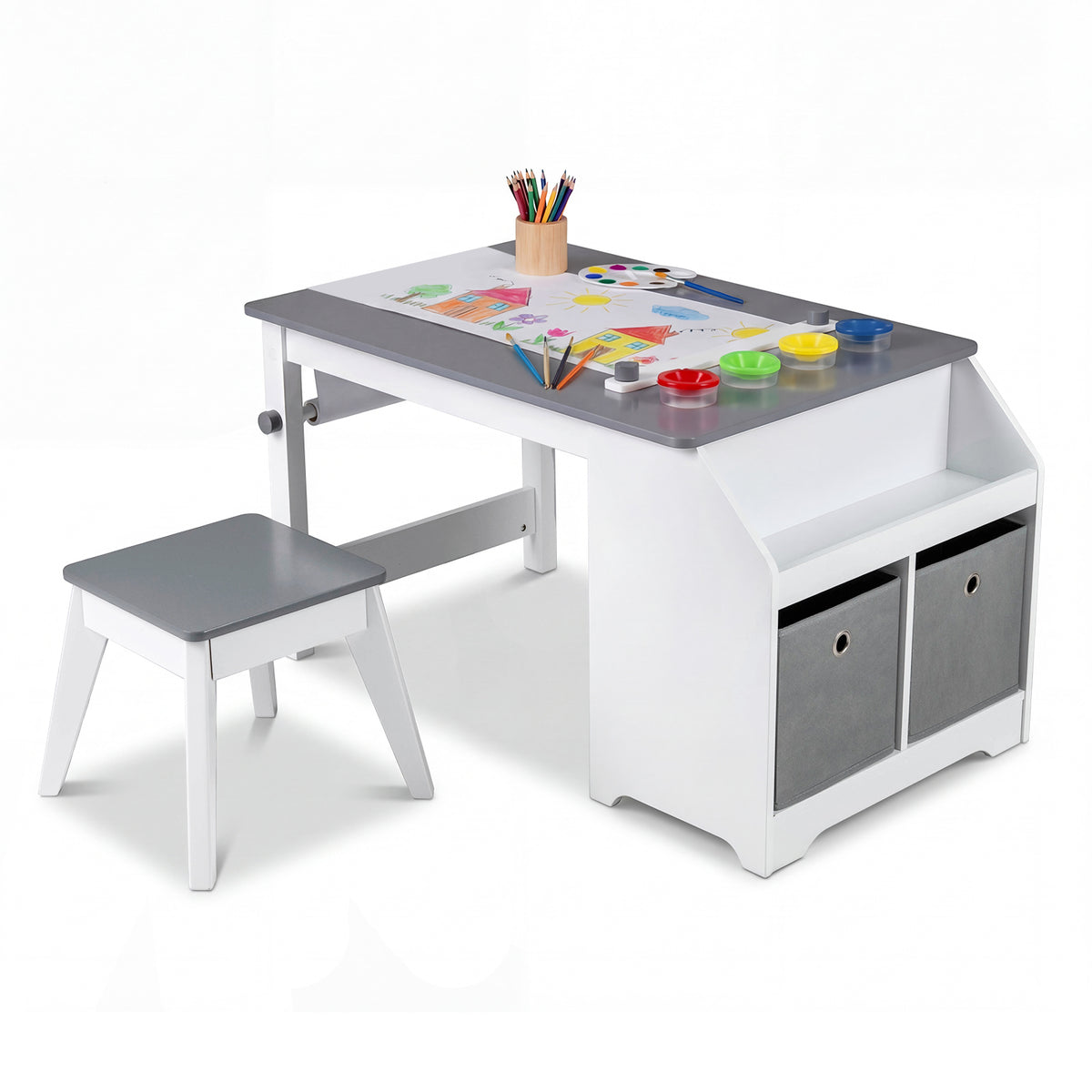 Kids Art Table and Stool Set with Paper Roll and 4 Paint Cups - Gray Variation