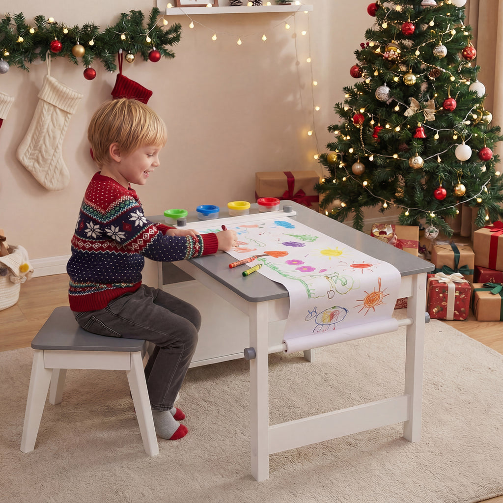 Kids Art Table and Stool Set with Paper Roll and 4 Paint Cups - Gray Variation
