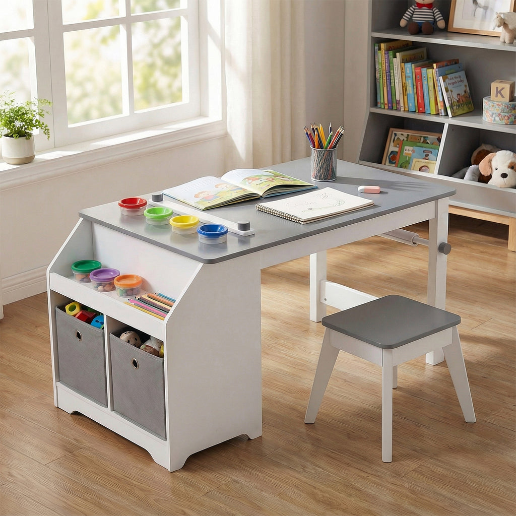 Kids Art Table and Stool Set with Paper Roll and 4 Paint Cups - Gray Variation
