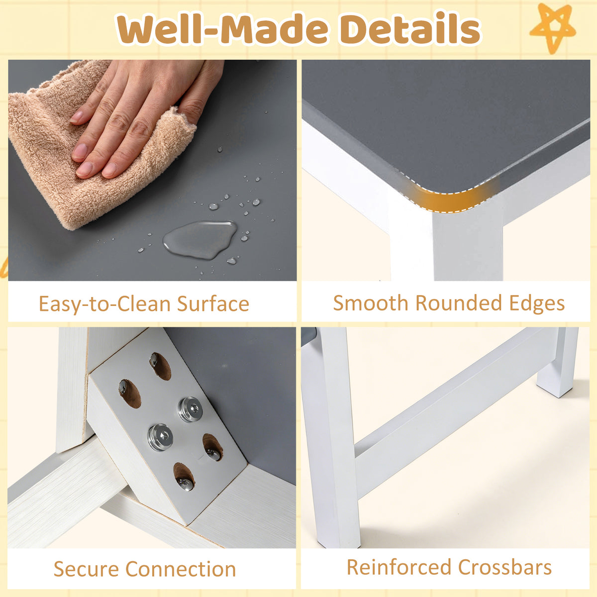 Kids Art Table and Stool Set with Paper Roll and 4 Paint Cups - Gray Variation