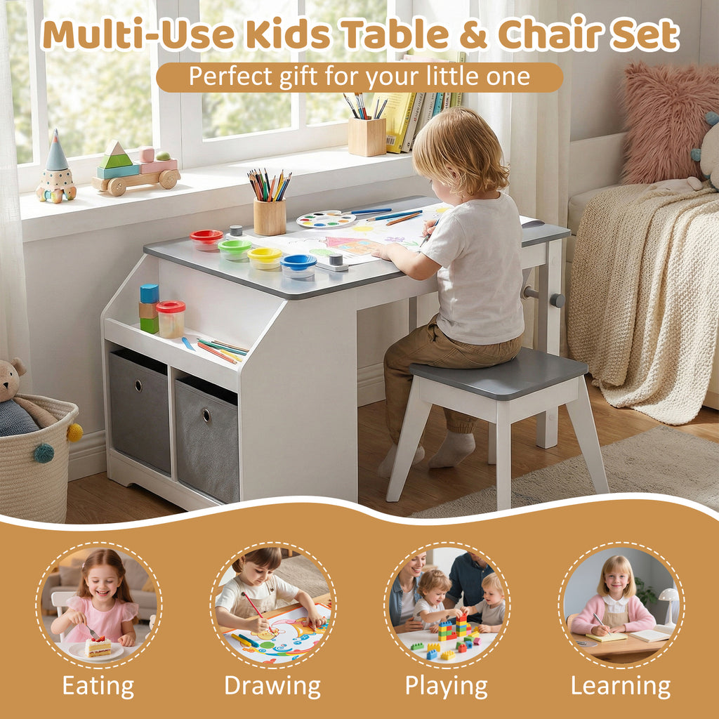 Kids Art Table and Stool Set with Paper Roll and 4 Paint Cups - Gray Variation