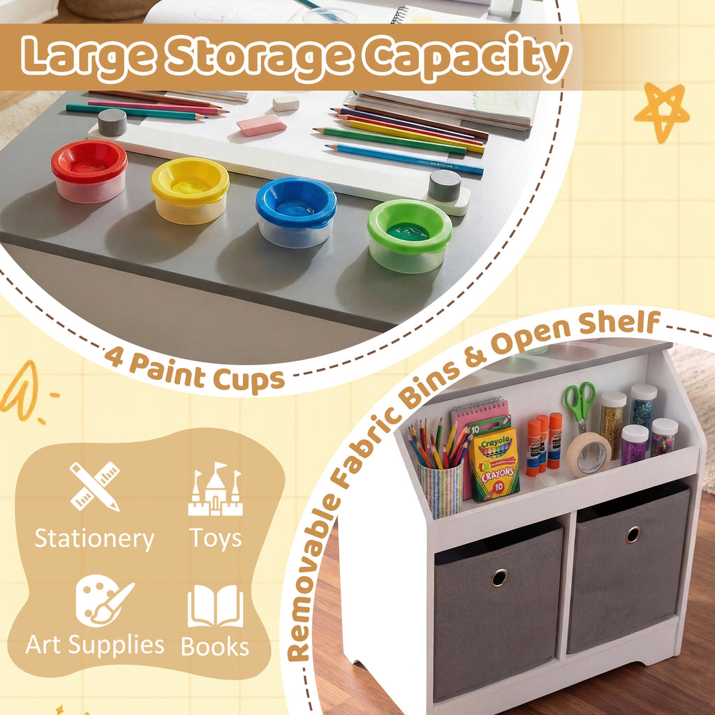 Kids Art Table and Stool Set with Paper Roll and 4 Paint Cups - Gray Variation