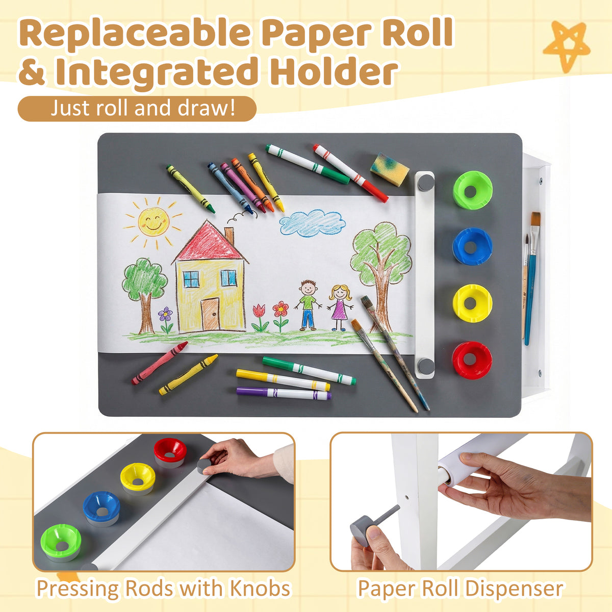 Kids Art Table and Stool Set with Paper Roll and 4 Paint Cups - Gray Variation