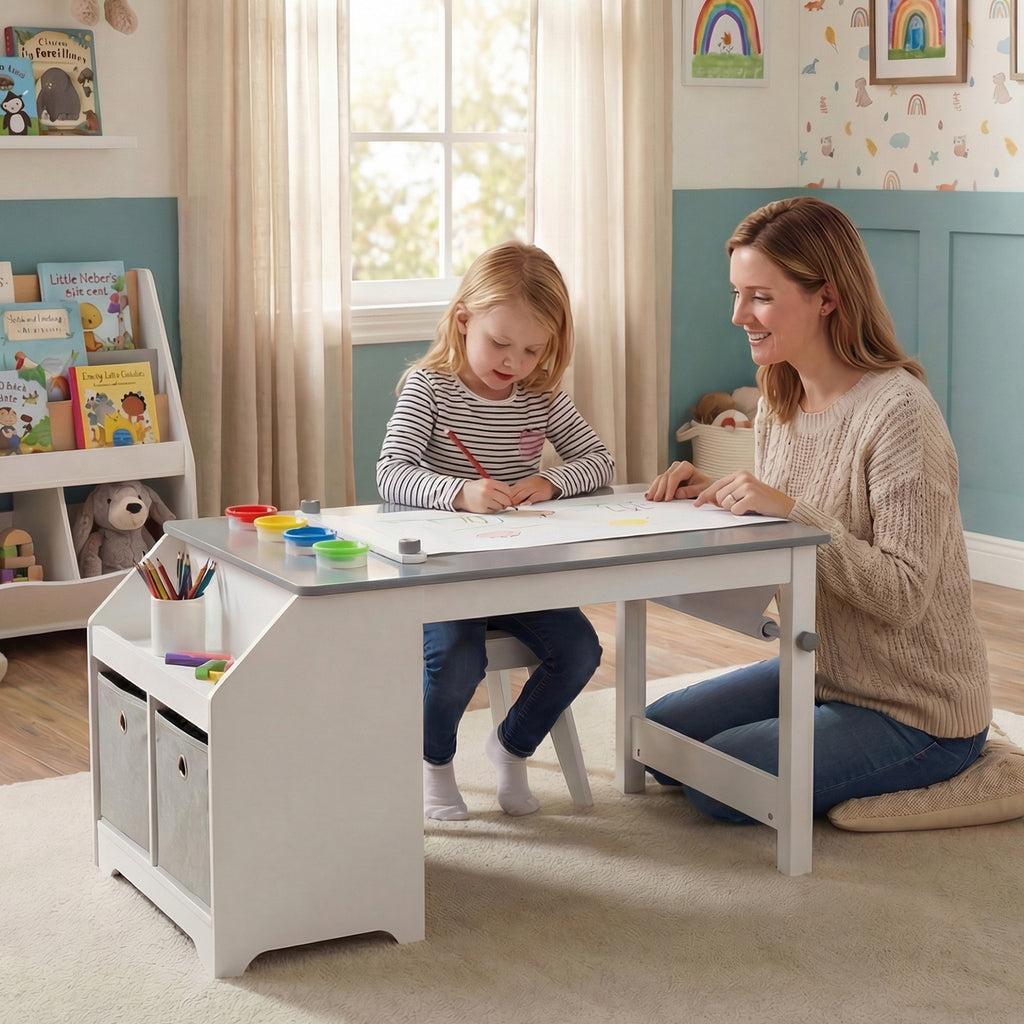 Kids Art Table and Stool Set with Paper Roll and 4 Paint Cups - Gray Variation