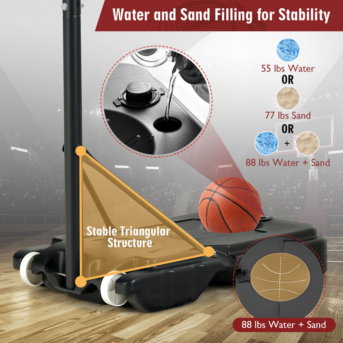 Teenager 3-6.9 Ft Portable Basketball Hoop with Fillable Base & Wheels – Black & Red