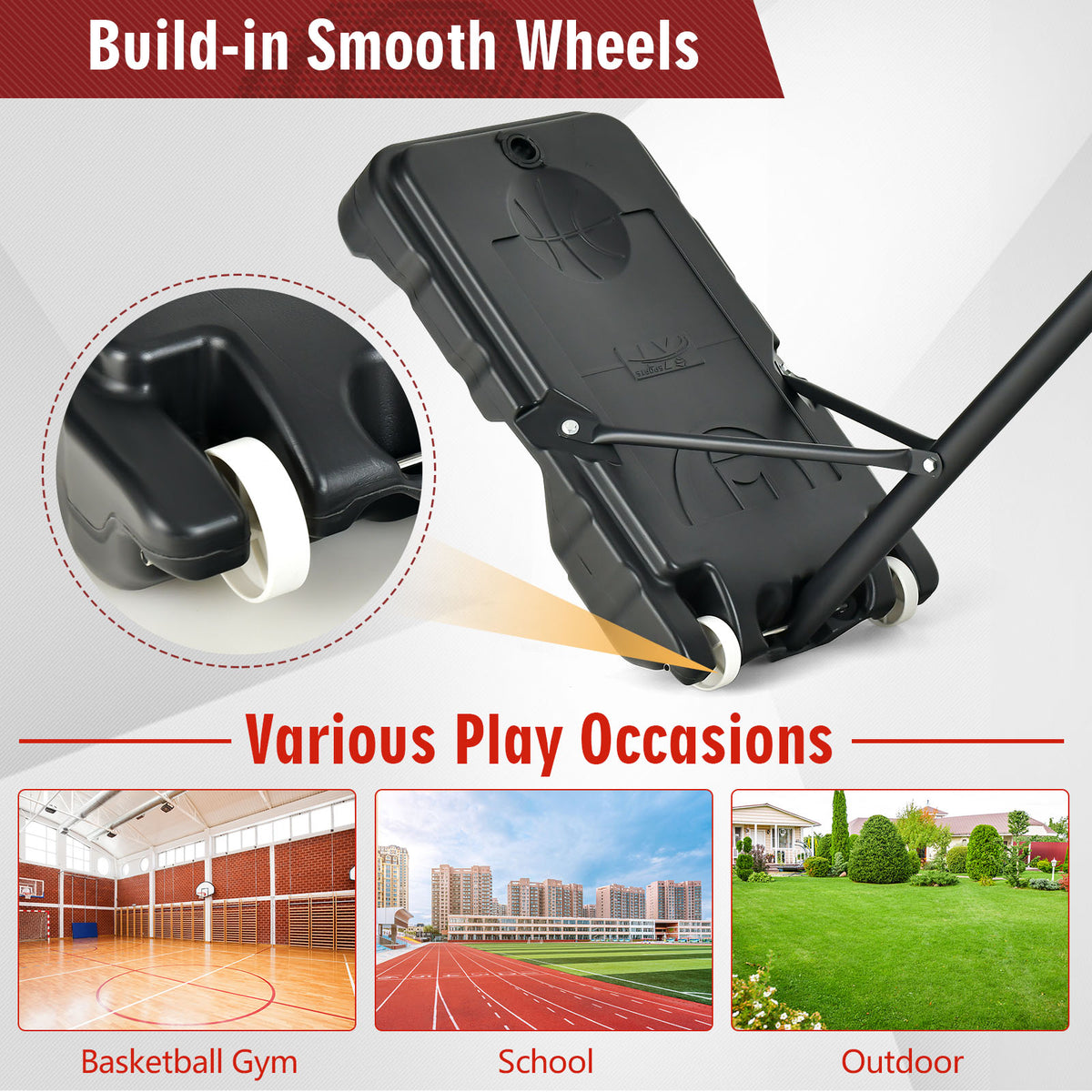 Teenager 3-6.9 Ft Portable Basketball Hoop with Fillable Base & Wheels – Black & Red