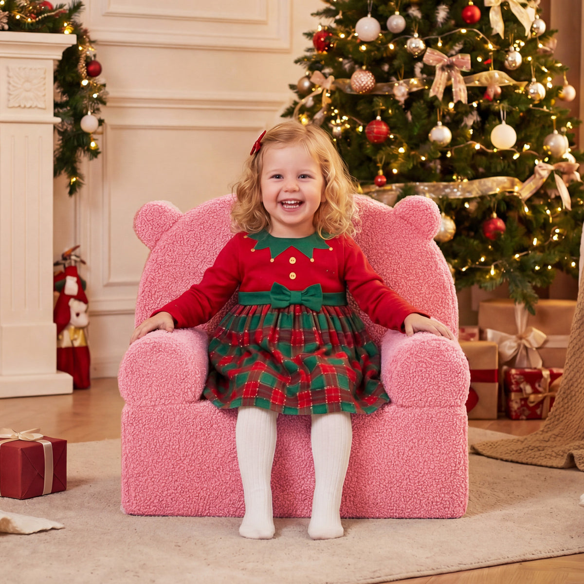 Kids Bear Sofa - Pink Toddler Foam Couch with Fleece Cover, Removable & Washable