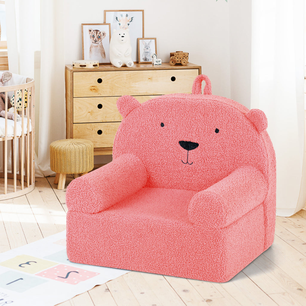Kids Bear Sofa - Pink Toddler Foam Couch with Fleece Cover, Removable & Washable