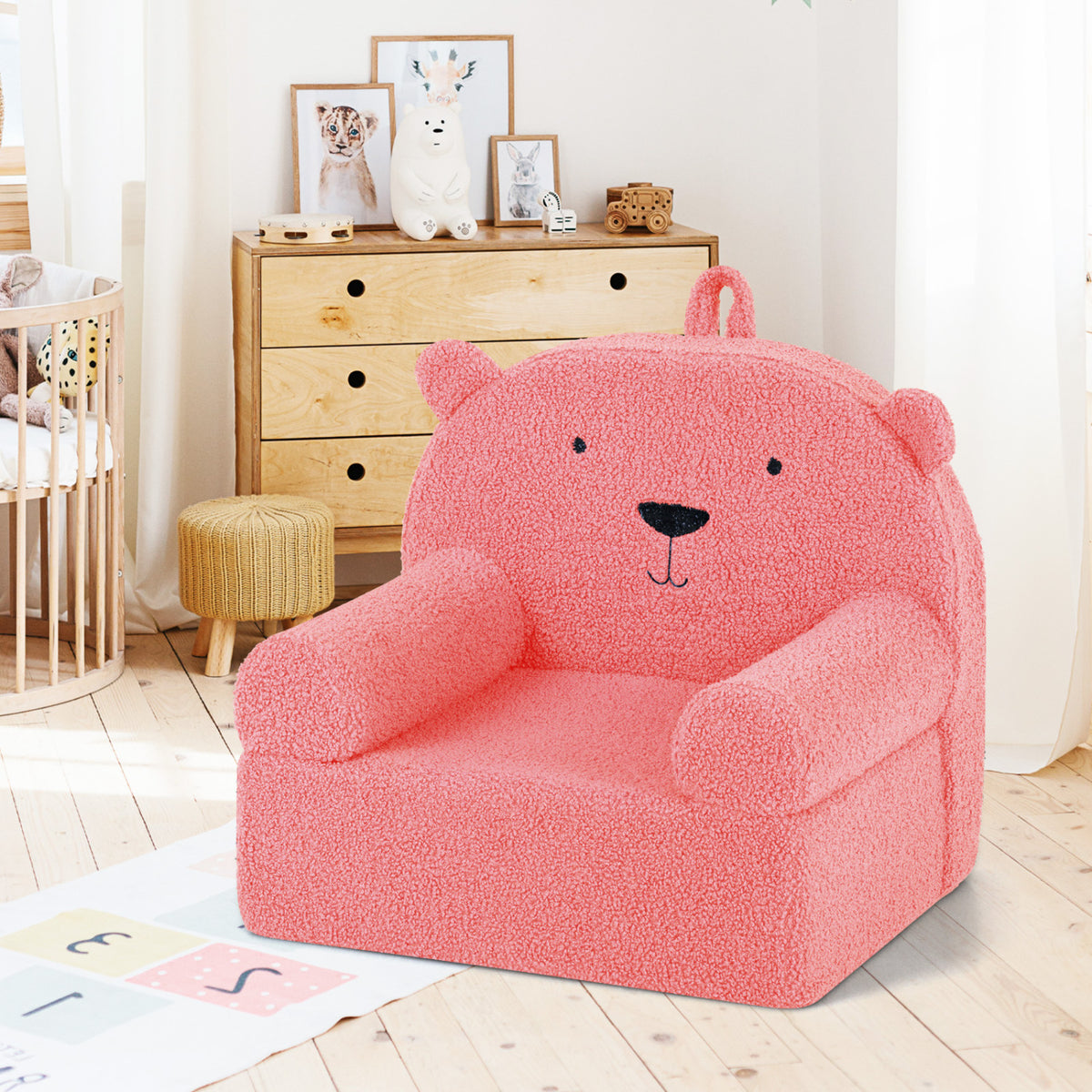Kids Bear Sofa - Pink Toddler Foam Couch with Fleece Cover, Removable & Washable